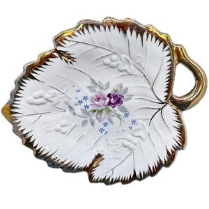 Vintage Porcelain Leaf Plate Candy Dish Floral Hand Painted Gold Trim Made Japan